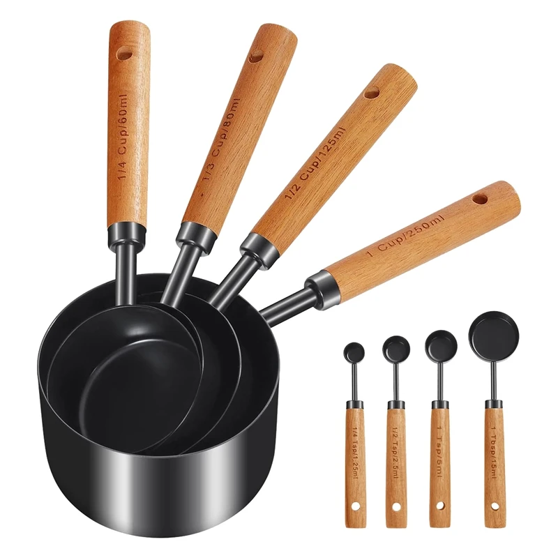 

Measuring Cups And Spoons , Wood Handle With Metric And US Measurements, Dry & Liquid Measuring Cup 8Pcs Wood Brown & Black