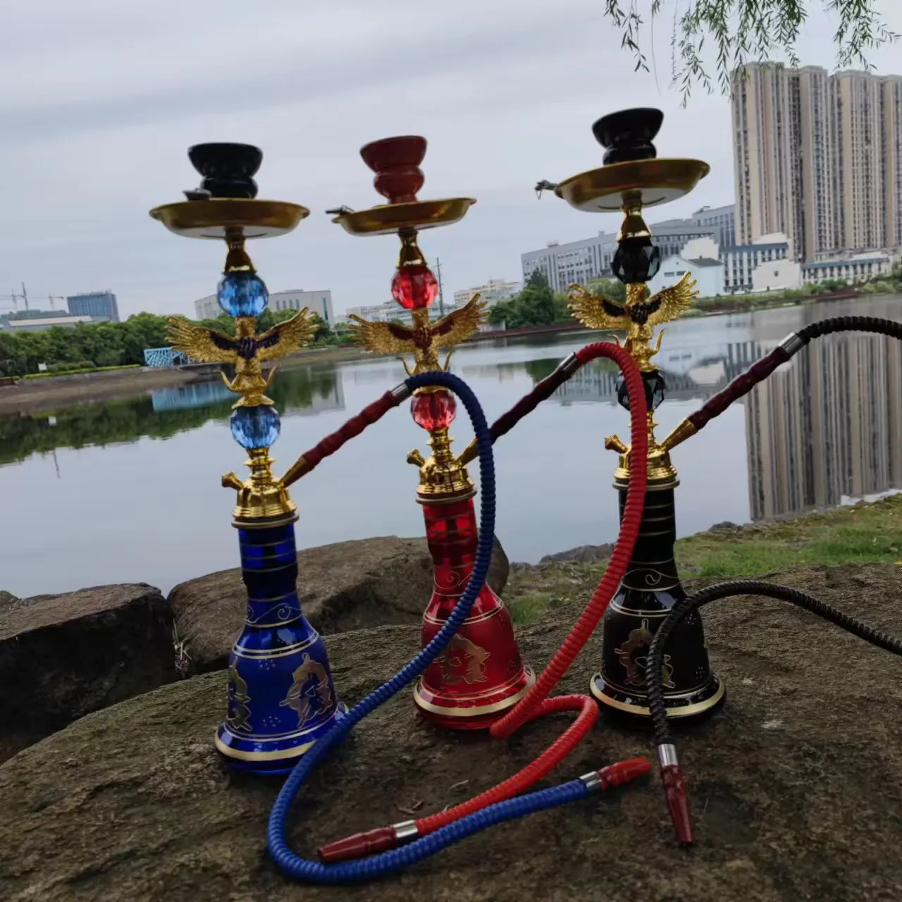 Hookah Set with Glass Bottle Silicone Tube Clip and Handle Resin Stainless Steel Hookah Set Nargile Sheesha