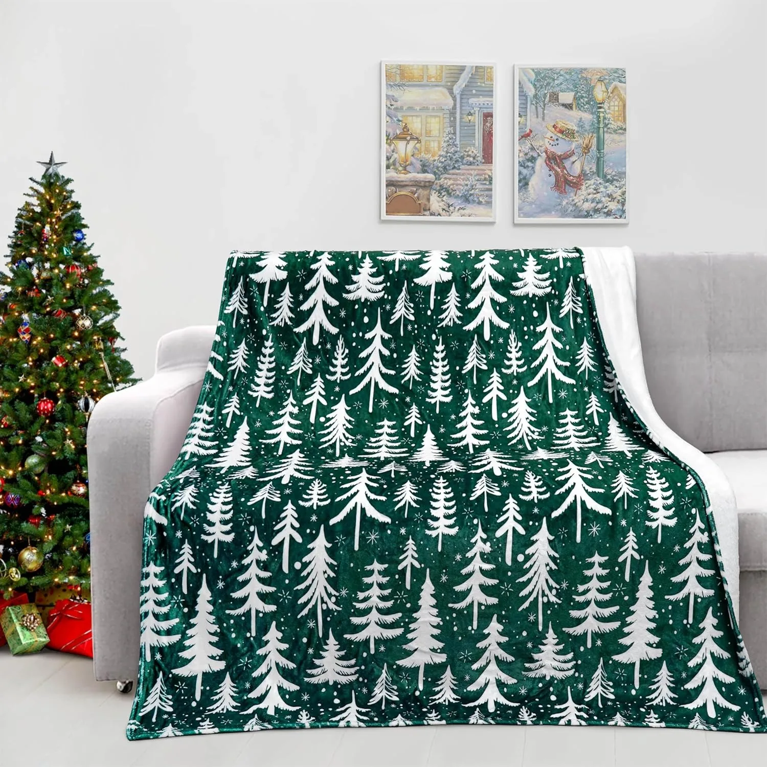 1 x Überwurfdecke mit Weihnachtsthema, Zedermuster, grüner Überwurf, dünne Decke, Geschenke für Couch, Bett, Auto, Zuhause, Camping, alle Jahreszeiten