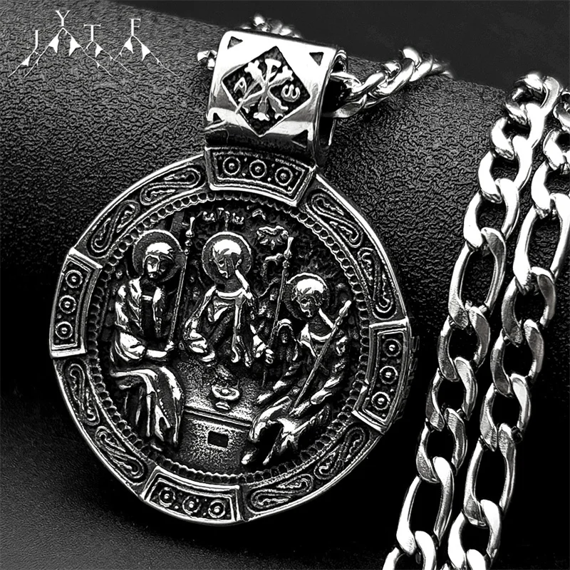 

Vintage Orthodox Icons Holy Trinity Round Pendant Necklace for Men Stainless Steel Silver Color Chritian Amulet Chain Jewelry