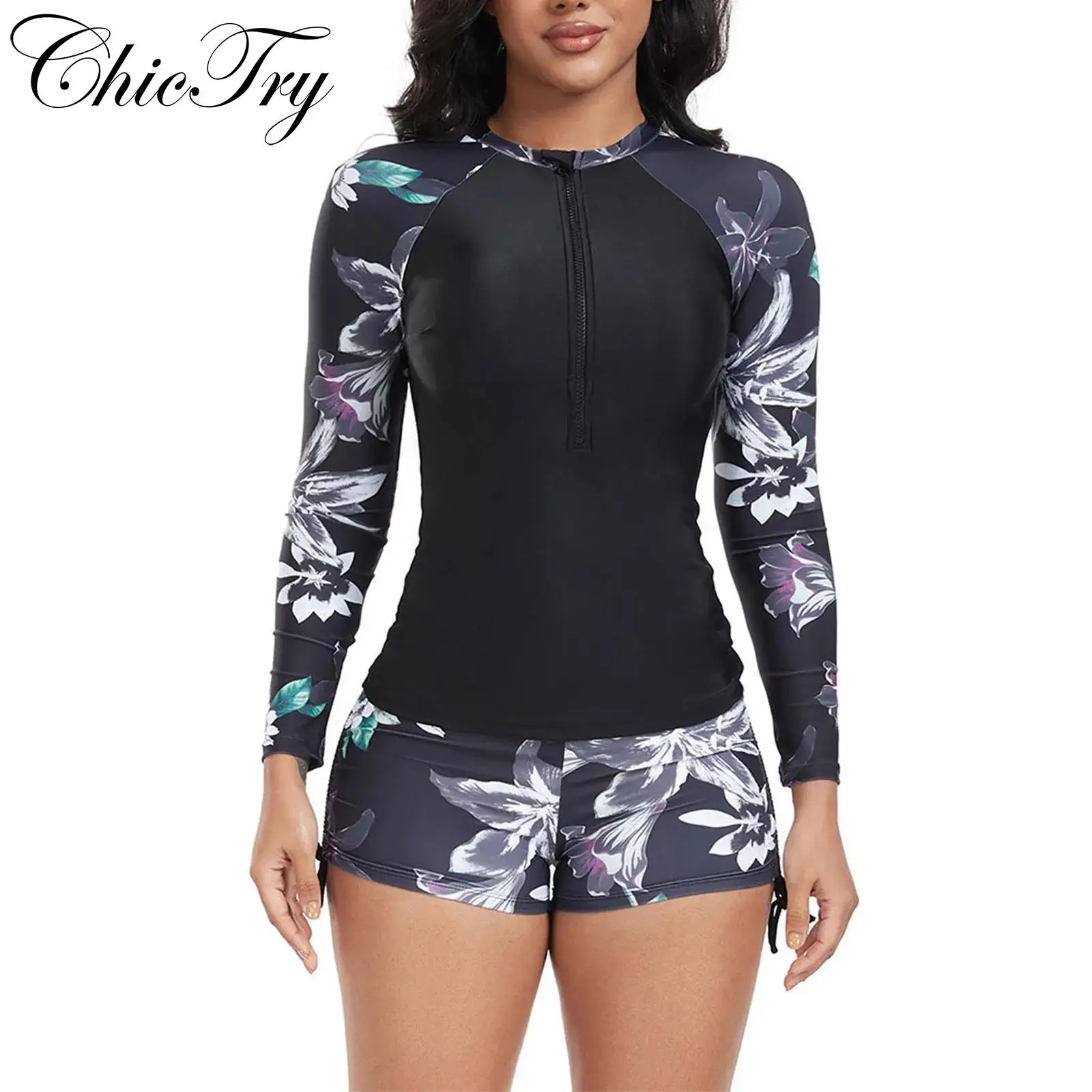 

Womens Swim Sets Floral Print Rash Guard Swimsuit Long Sleeve Top and Side Drawstring Boyshort Shorts Beach Diving Bathing Suit