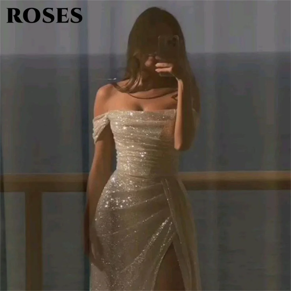 

ROSES Mermaid Sexy Prom Dresses Sequin Glitter Prom Gown Pleat Off the Shoulder Evening Dresses Formal Dresses with Side Split