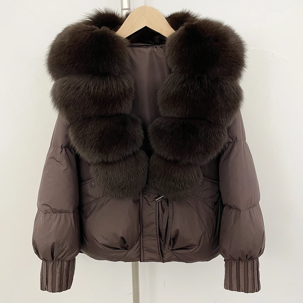 2025年秋冬新作 パファージャケット レディースファッション ショート丈 天然フォックスファーコート 暖かいホワイトダックダウンジャケット 女性用