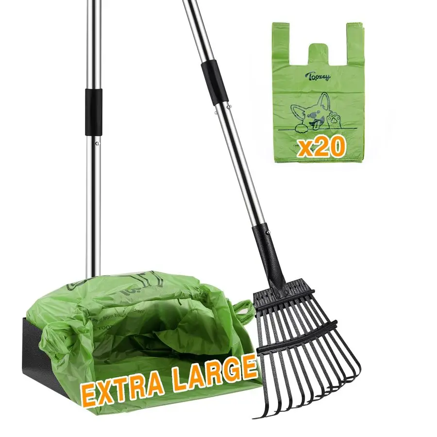 Cuchara para excrementos de perro irrompible con bandeja para excrementos de metal inoxidable extra grande amp 43,31 pala para rastrillos de mango largo, fácil limpieza de residuos f