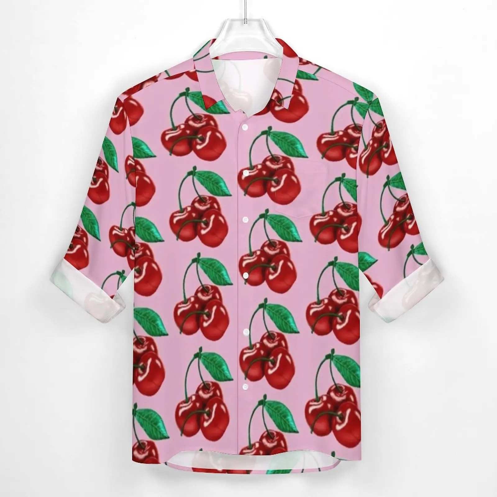 Red Cherry Casual Shirts Men Green Leaf Print Shirt Long Sleeve Fashion Y2K Blouses Spring Custom Clothing Big Size