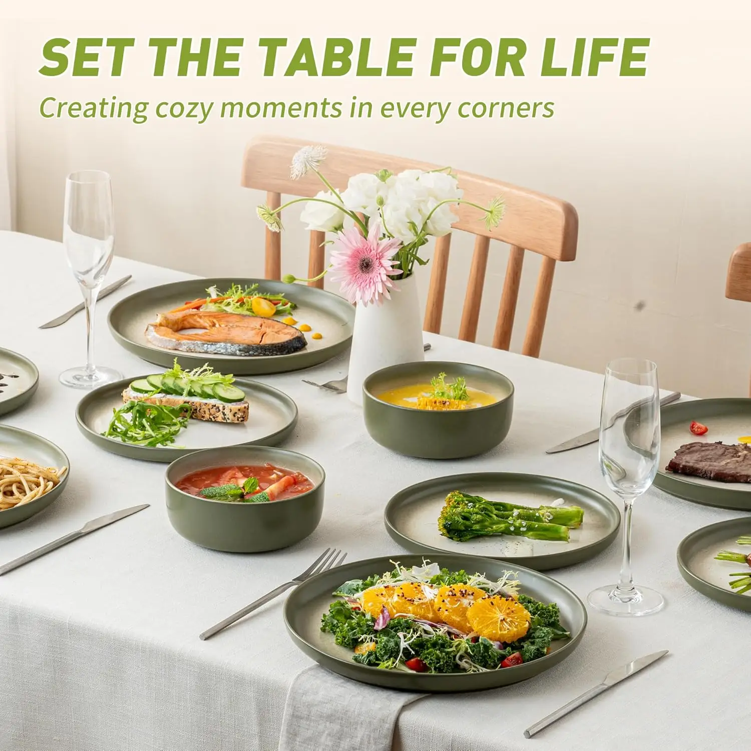 Set di stoviglie, piatti e ciotole in gres da 12 pezzi per 4, set di piatti con glassa reattiva per cucina, pranzo, microonde e lavastoviglie