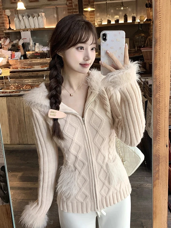 

Ретро-кардиган с капюшоном и длинными рукавами, женский, приталенный, на молнии, с уникальным узором, осенняя модная верхняя одежда