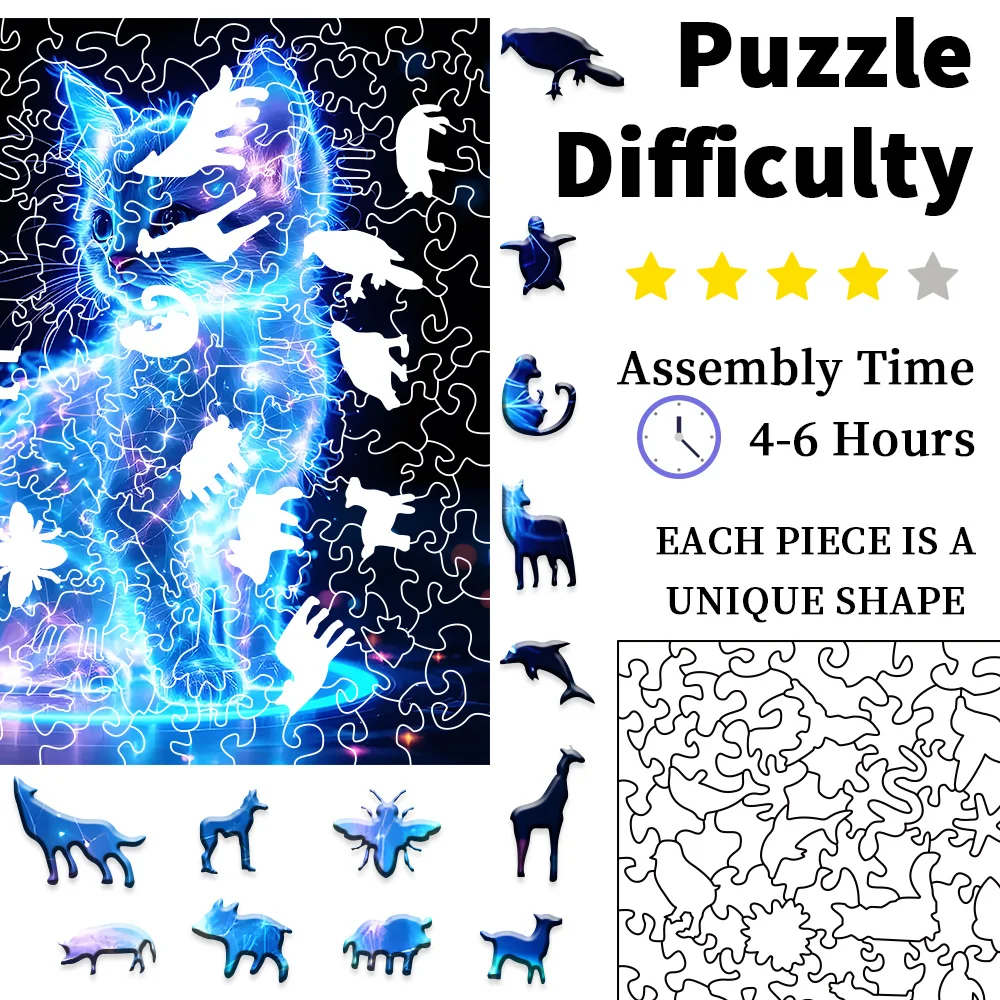 Katzen-Holzpuzzle-Geschenkbox: Exquisites Puzzle mit unregelmäßigen Tierformen |   Weihnachtsspiel zum Stressabbau für Erwachsene und Familien – Uniq