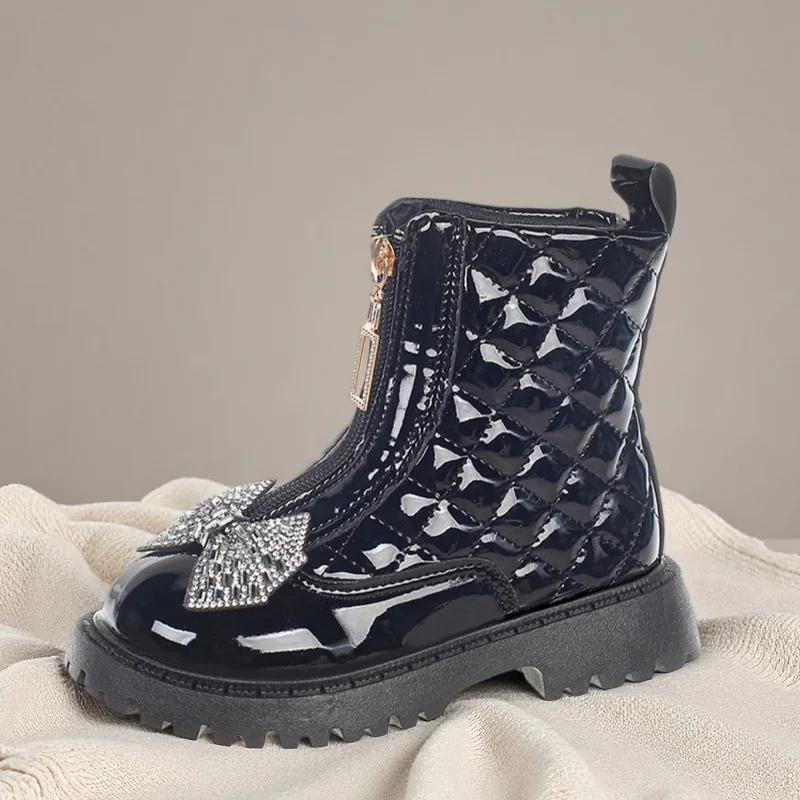 

Girls Black Patent Leather Boots New Faux Fur Lined Breathable Princess Short Boots Toddler Kids Casual Ankle Boots Non-Slip