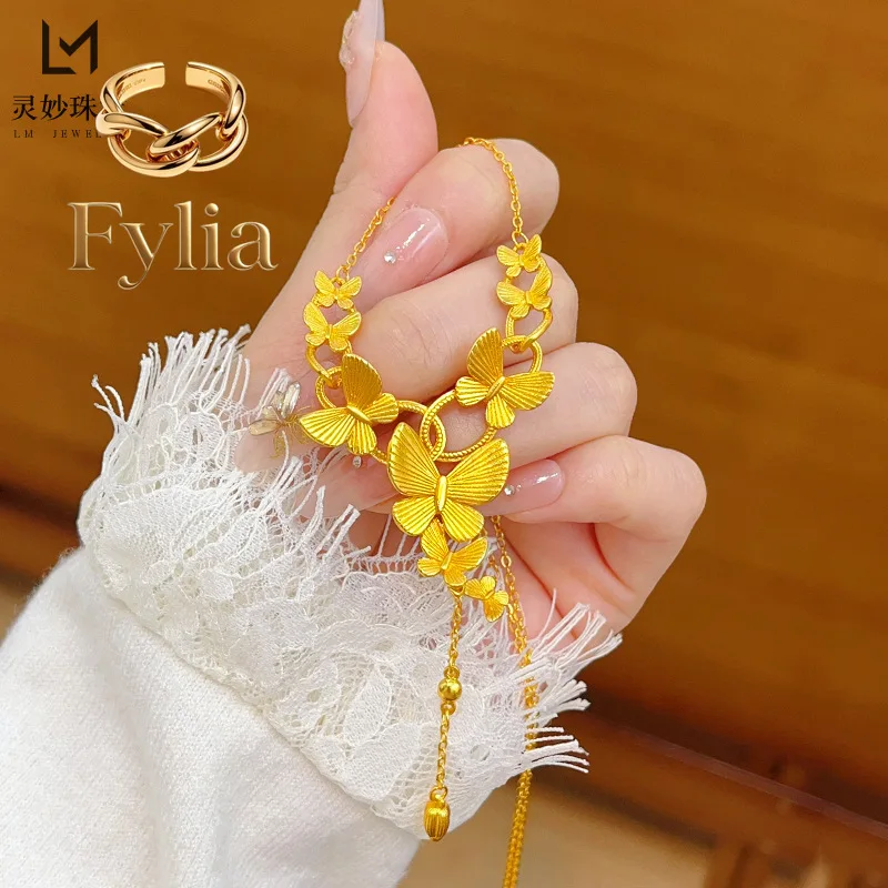 

Fylia Jewelry 9999 Brushed April Butterfly Necklace Butterfly Tassel 24K Real Gold Wedding Clavicle Chain for Women