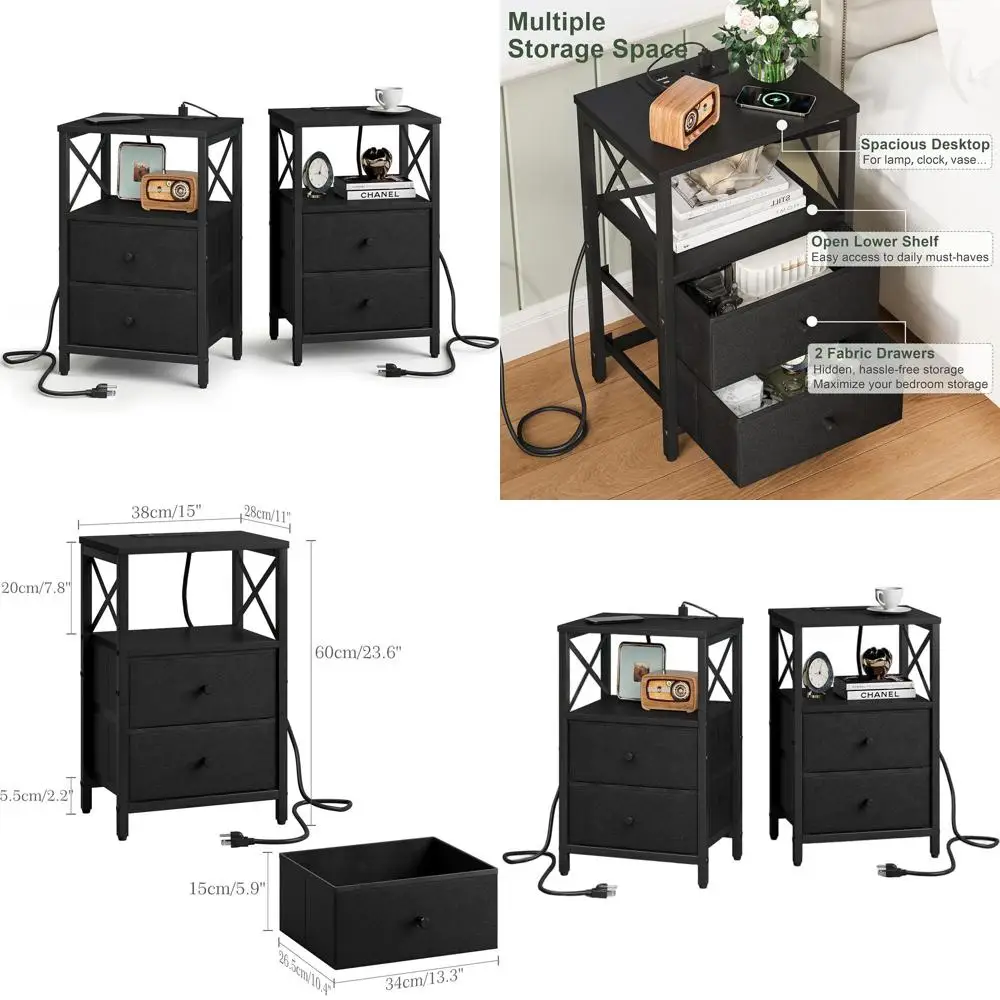 

Пара прикроватных тумбочек с зарядными портами, USB-разъемами и розетками, тканевыми ящиками, идеально подходят для спальни (черные)