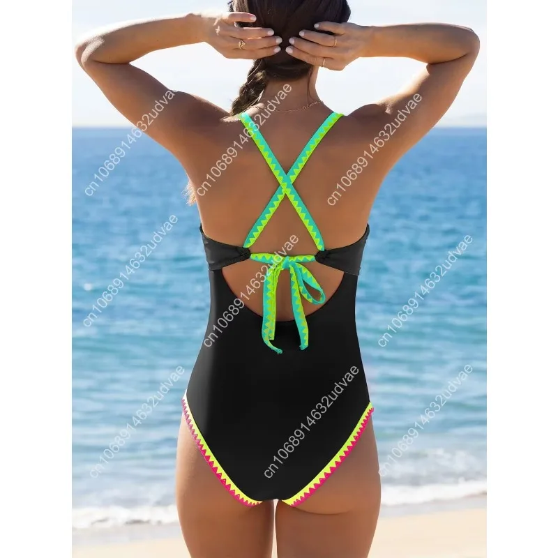 popvil Neon Color Block One Piece Bathing Suit for Women Tummy Control V Neck Swimsuit Plunge Shell Trim Swimwear Tie Back