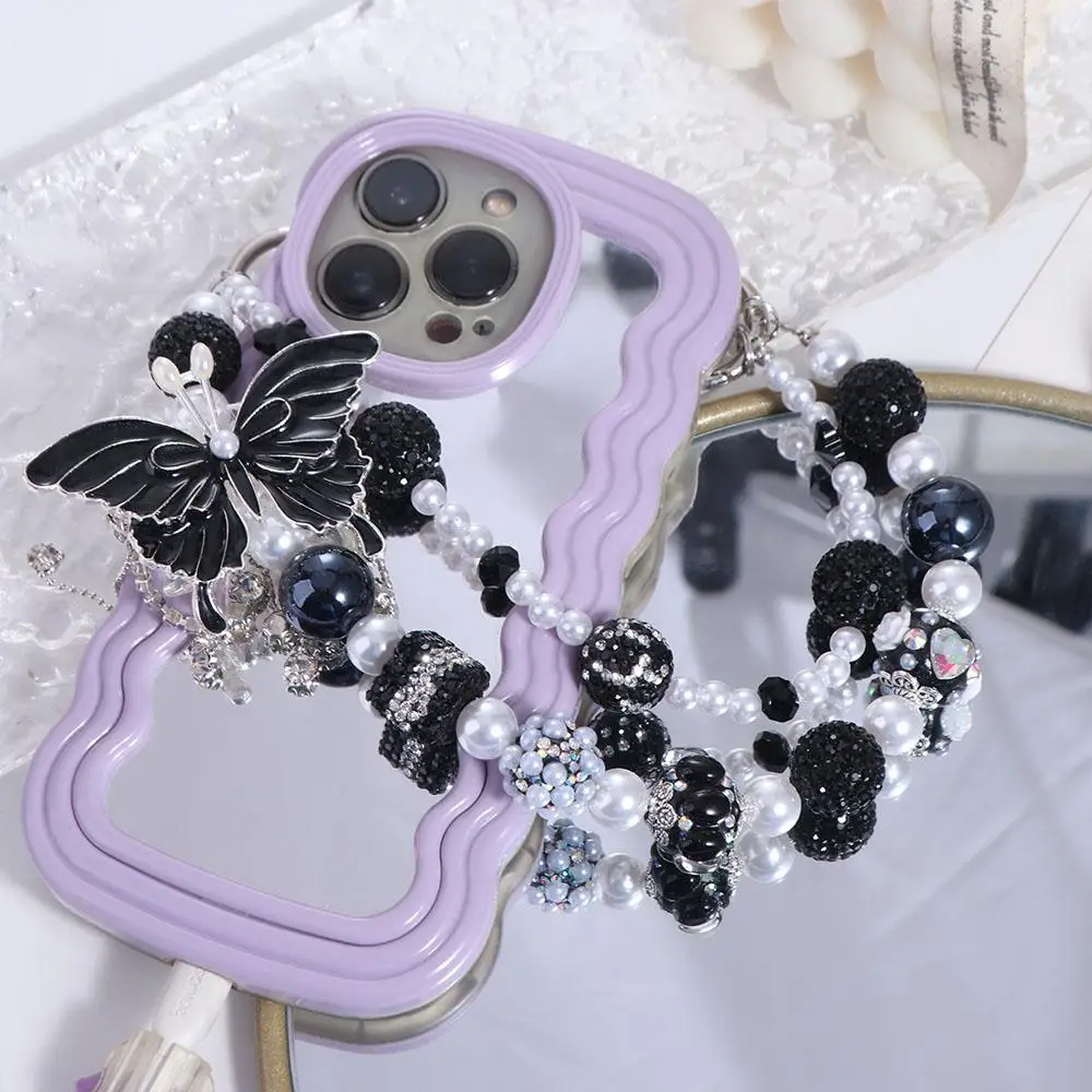 

Glitter Rhinestone Phone Chain Pearl Double Layer Beaded Cell Phone Lanyard Tassel Anti-loss Butterfly Key Chain