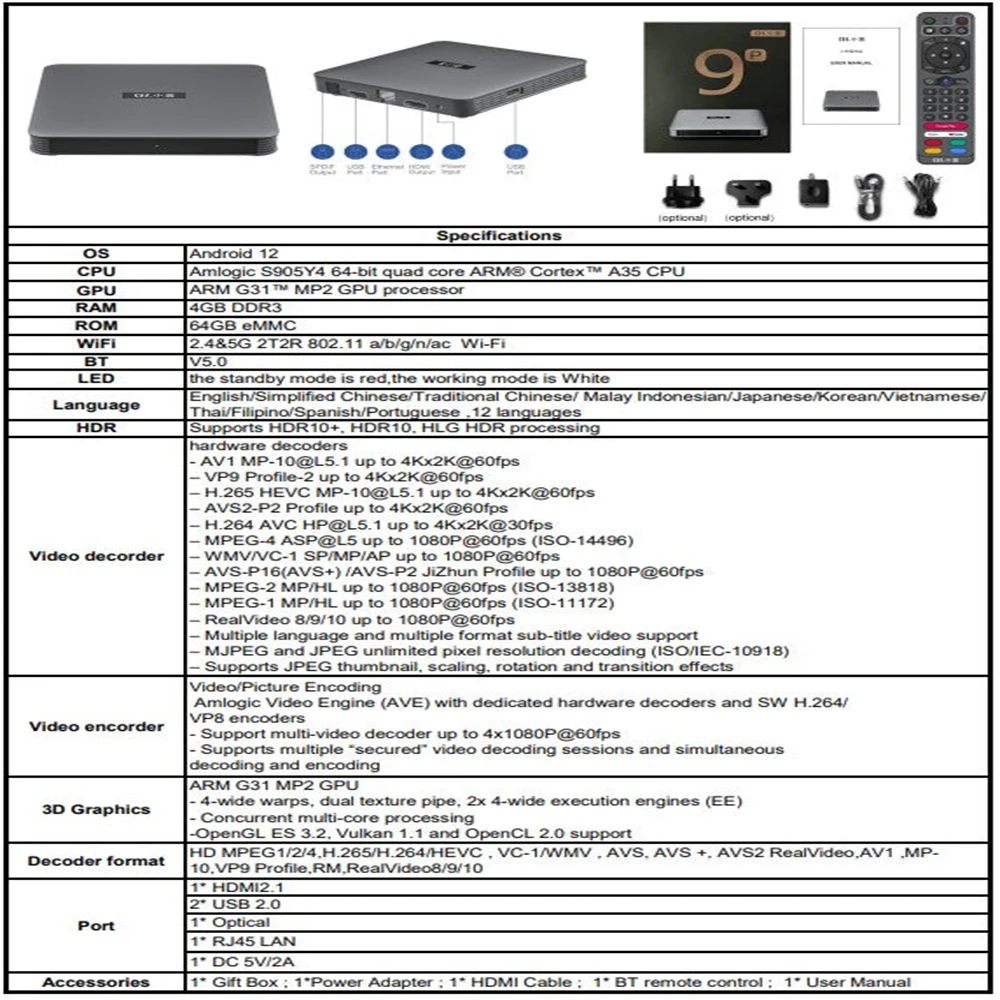 SVICLOUD Xiaoyun 9P + กล่องทีวีกล่องสมาร์ททีวี Android 12.0 Dual band WiFi 2.4G + 5.0G 2T2R 4GB 64GB 4K BT5.0 ชุดกล่องด้านบน Media Player