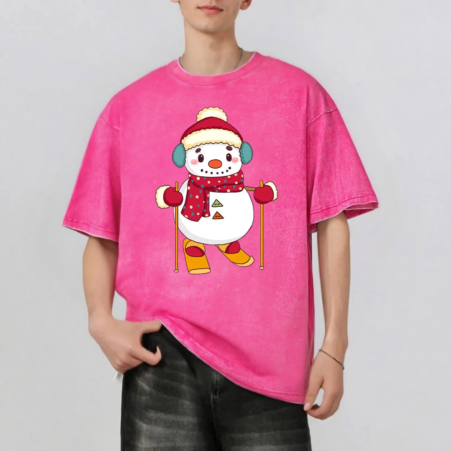 

Snowman Graphic Print Fashion Retro Style Washed T-Shirt Casual Short Sleeve 100% Cotton Unisex Top 230G