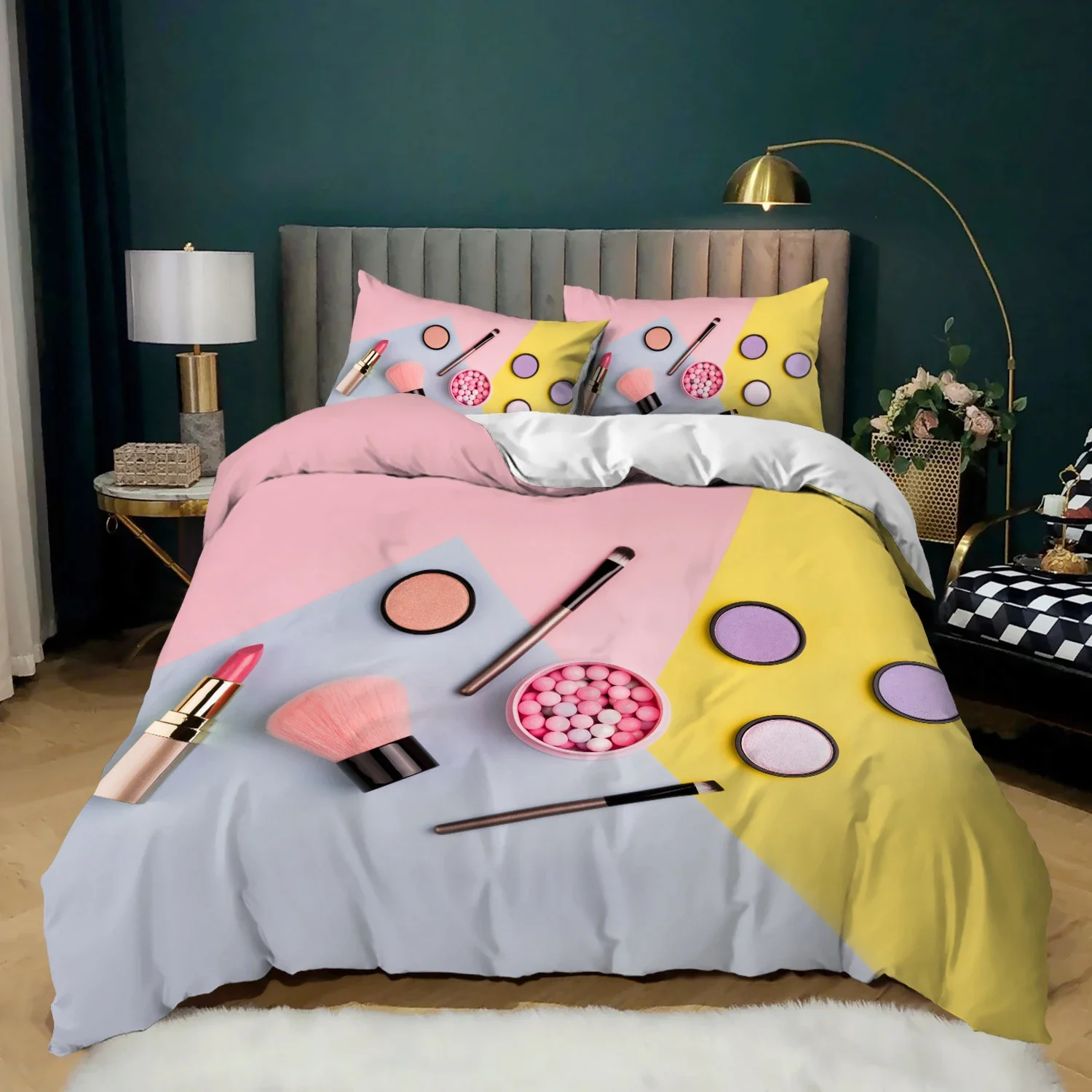 Cosmetic Duvet Cover Set King Size Makeup Theme Bedding Set Lipstick Mascara Eye Shadow Modern Soft Microfiber Comforter Cover