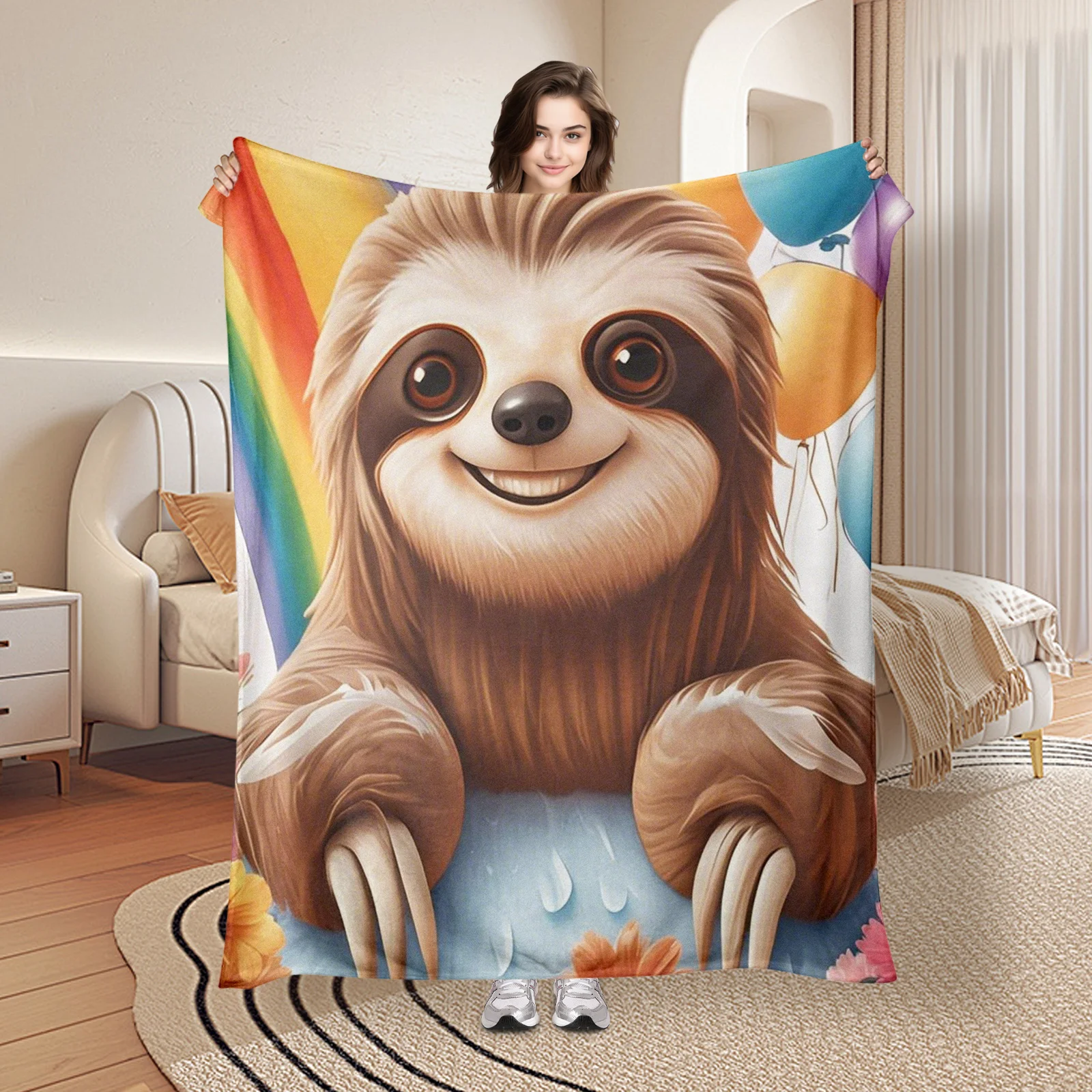 

Charming Sloth With Rainbow Balloons And Floral Design Animal Themed Blanket For A Cute And Playful Touch To Your Home Decor
