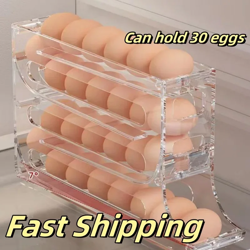 

Automatic Roll-out Egg Storage Device Household Refrigerator Storage Box Egg Box Can Hold 30 Eggs High Quality Egg Rack Kitchen