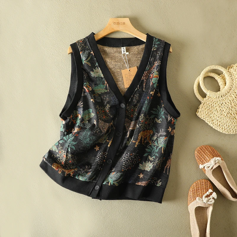 Retro Floral Print Sleeveless Vest Large Size Women's Autumn Outerwear Deep V-Neck Buttoned Fleece Lined Warm Cardigan