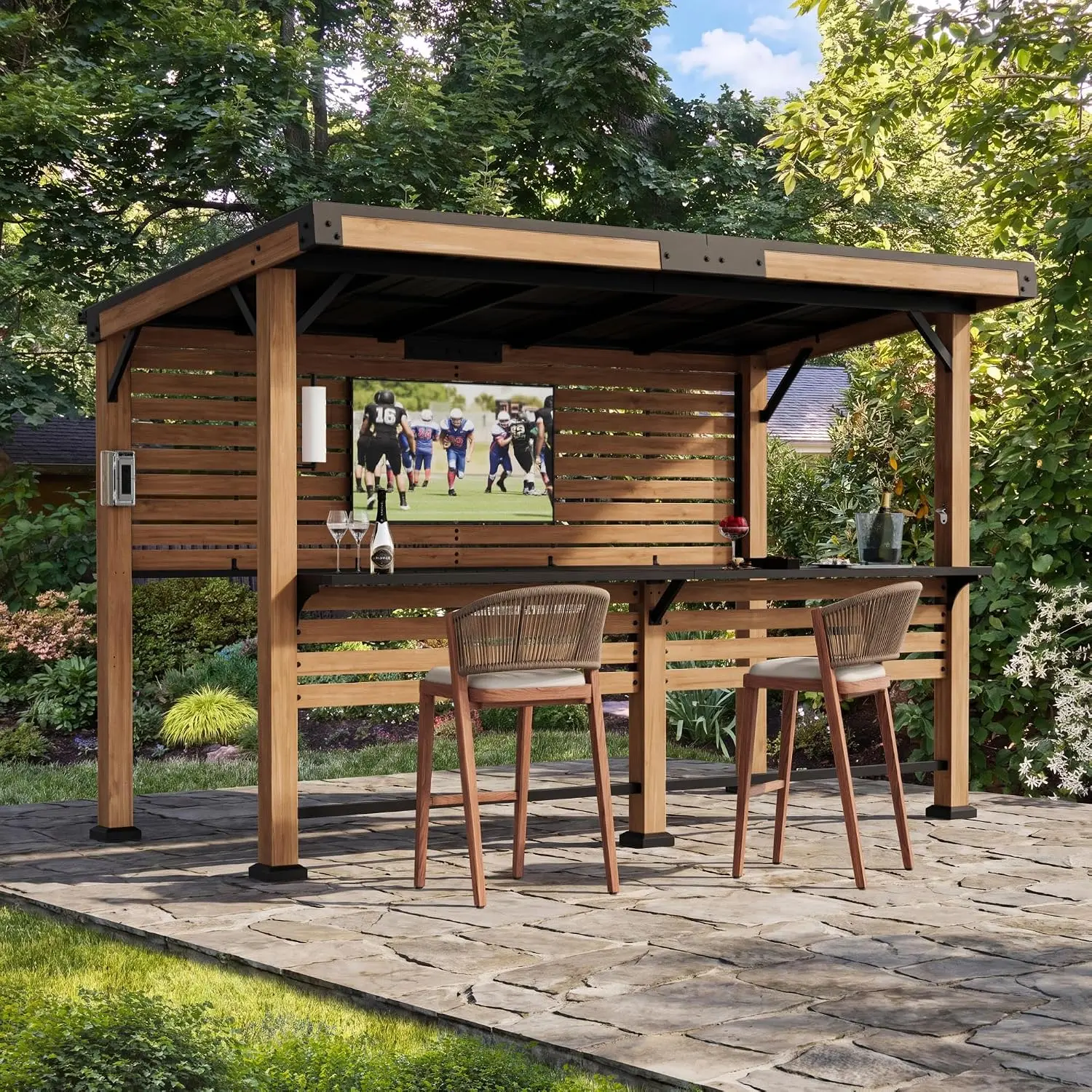 Modern Shade Woodberry Outdoor Bar 6' X 12' with TV Mount, Cedar Wood Gazebo with Dual bar Tops & Shelves, Grill Gazebo with USB