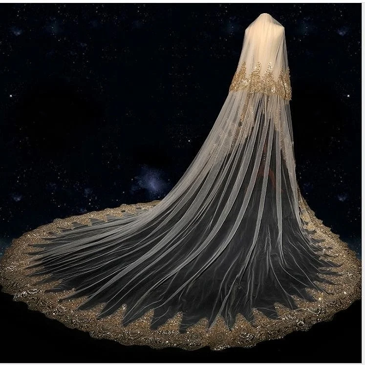 Wedding Veil Lace Edge Long Luxurious Bridal Veil Applique Sequins Golden Veil With Comb Cathedral Two-Layer 3.8Meters