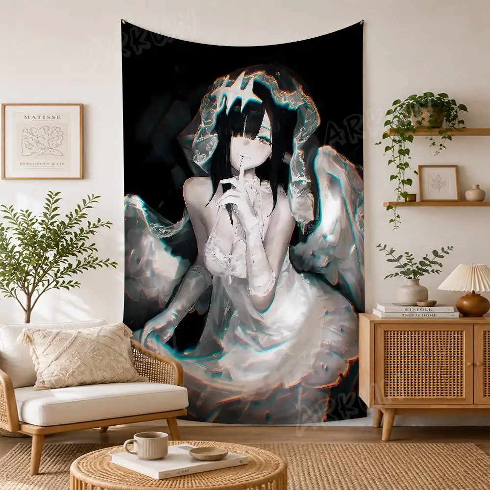 Dark Gothic Angel Girl Tapestry, Monochrome Glitch Style Anime Girl Wall Hanging, Mysterious White Veil Lady Home Decor