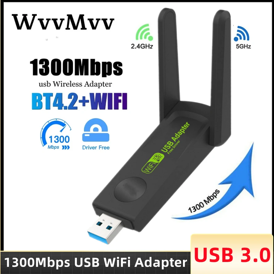 Adaptador USB sem fio WiFi com antena, banda dupla, 2.4GHz + 5GHz, Wi-Fi, placa de rede 802.11AC, desktop, laptop, 1300Mbps