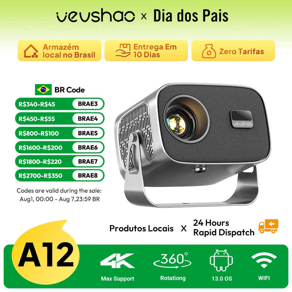 VEVSHAO A12 Projector Mini Portable  LED Video Android 13.0 WIFI 6 Mir