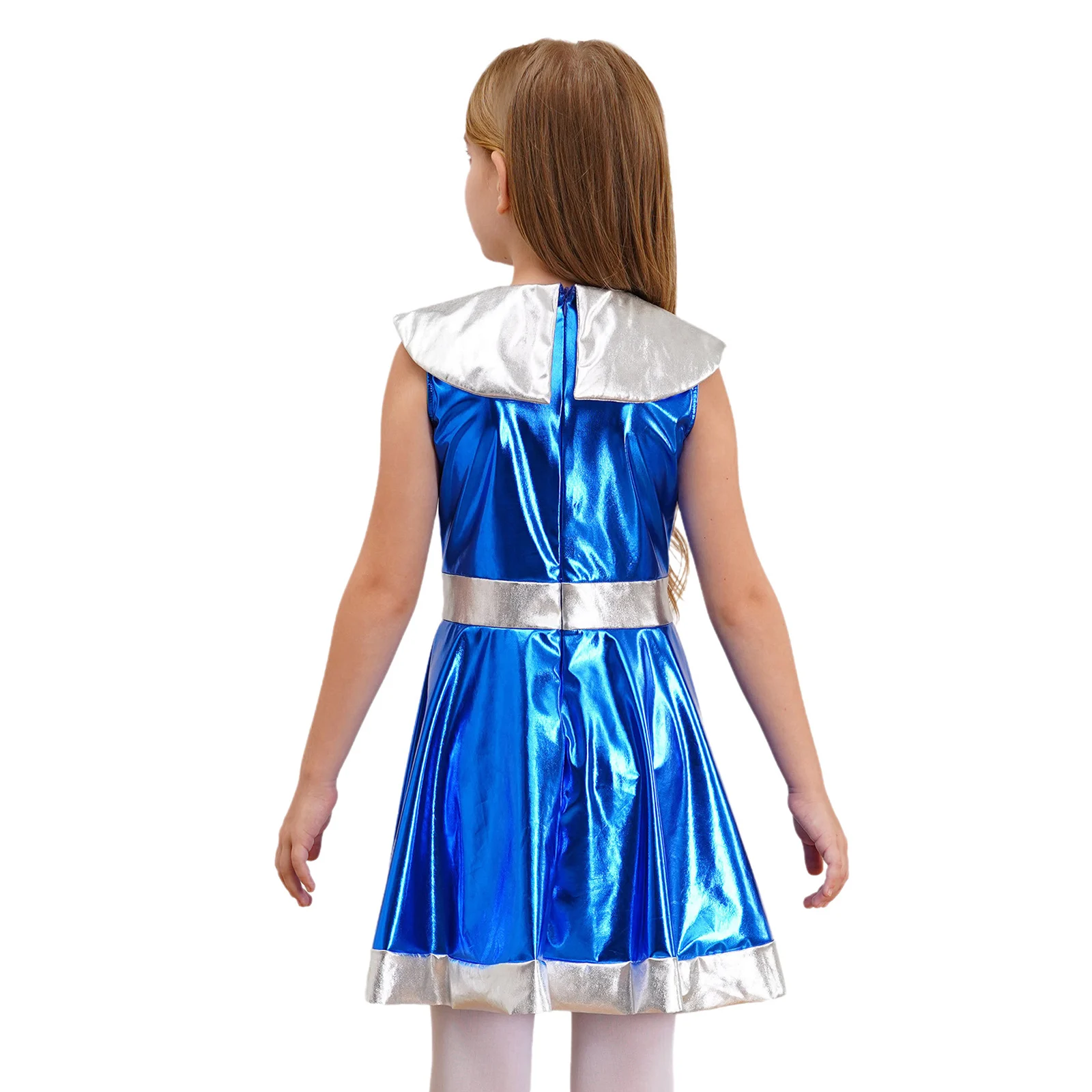 Kids Girl Halloween Outer Space Alien Cosplay Dress Theme Party Role Play Costume Sleeveless Contrast Color Metallic Shiny Dress