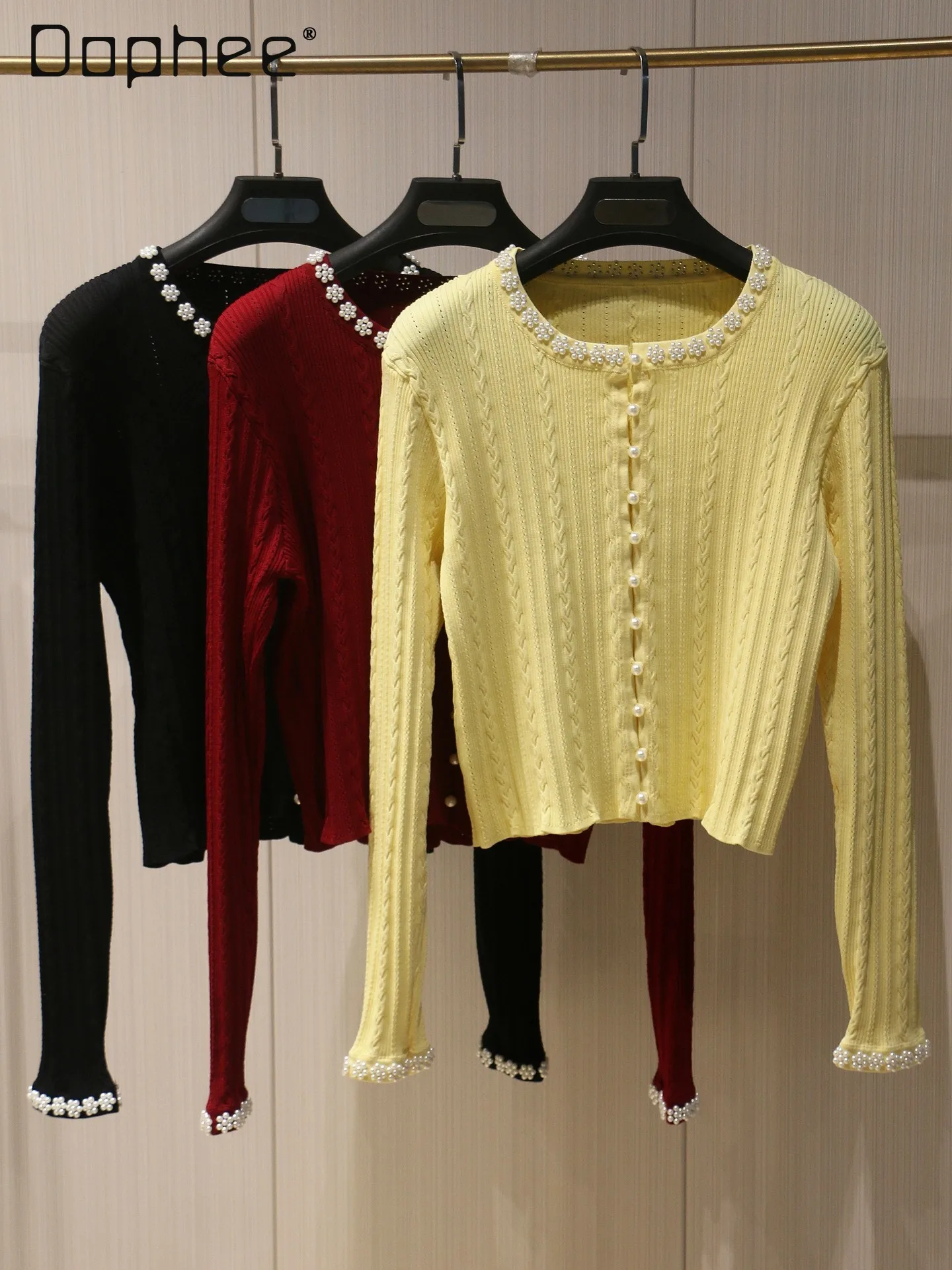 

Жемчужный кардиган с круглым вырезом и бусинами для женщин, вязаный, с длинным рукавом, элегантный свитер во французском стиле, приталенный, для светских мероприятий