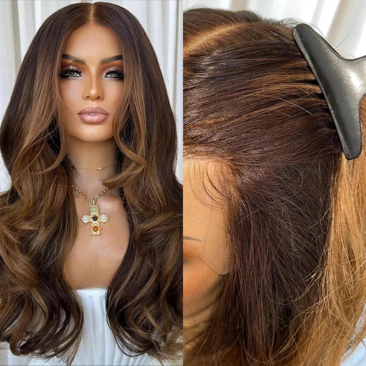 24 Inches Chocolate Brown Shadow Roots Synthetic Lace Frontal Wigs Brunette Balayage Long Length Body Wave 180% High Density Wig