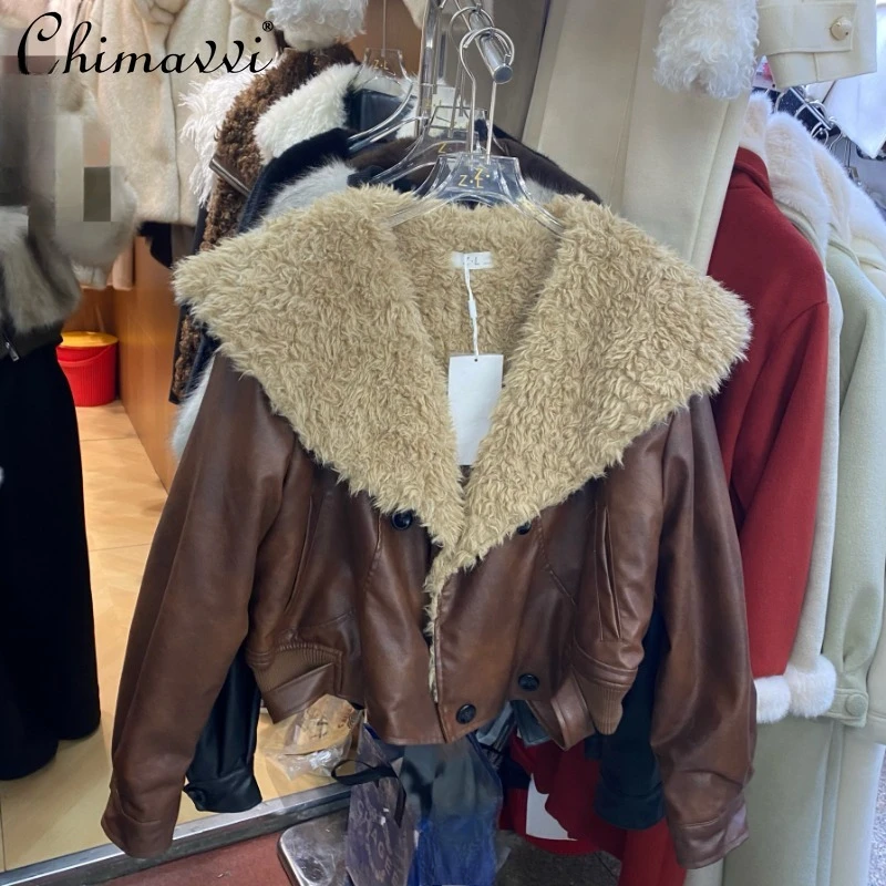 2024 European Goods Large Lapel Collar Fur Integrated Fashionable Foreign Style Explosion Leather Jacket Warm Top Coat For Women