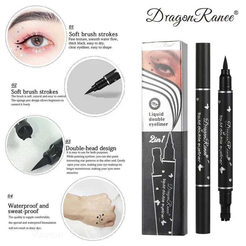 2In1 Liquid Stamp ปากกาอายไลเนอร์ Double-ended Lazy Eye Liner ดินสอ Star Heart Stamped Black Eyes มุมแต่งหน้าซีลปากกาสําหรับผู้หญิง
