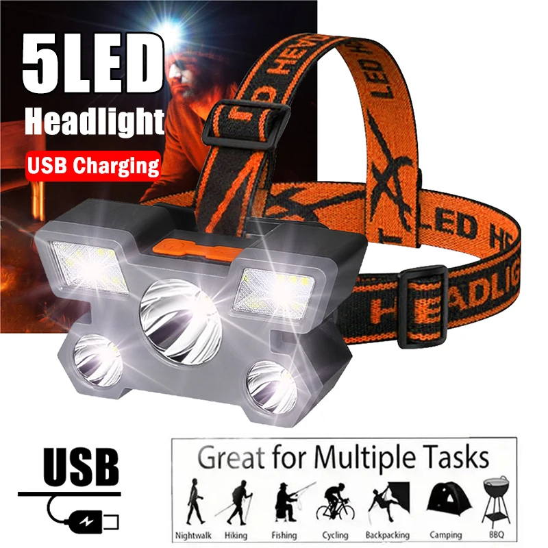 5 LED Strong Light Headlamp Five Headed Outdoor Waterproof Fishing Light USB Rechargeable Ultra Bright Head Mounted Flashlight