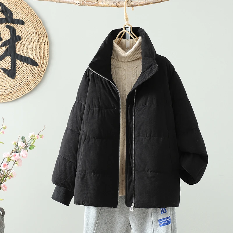 Winter Thiened Corduroy Bread Coat Loose Fit Warm Stand Collar plus Size  Color Cotton Jaet Outerwear for Women