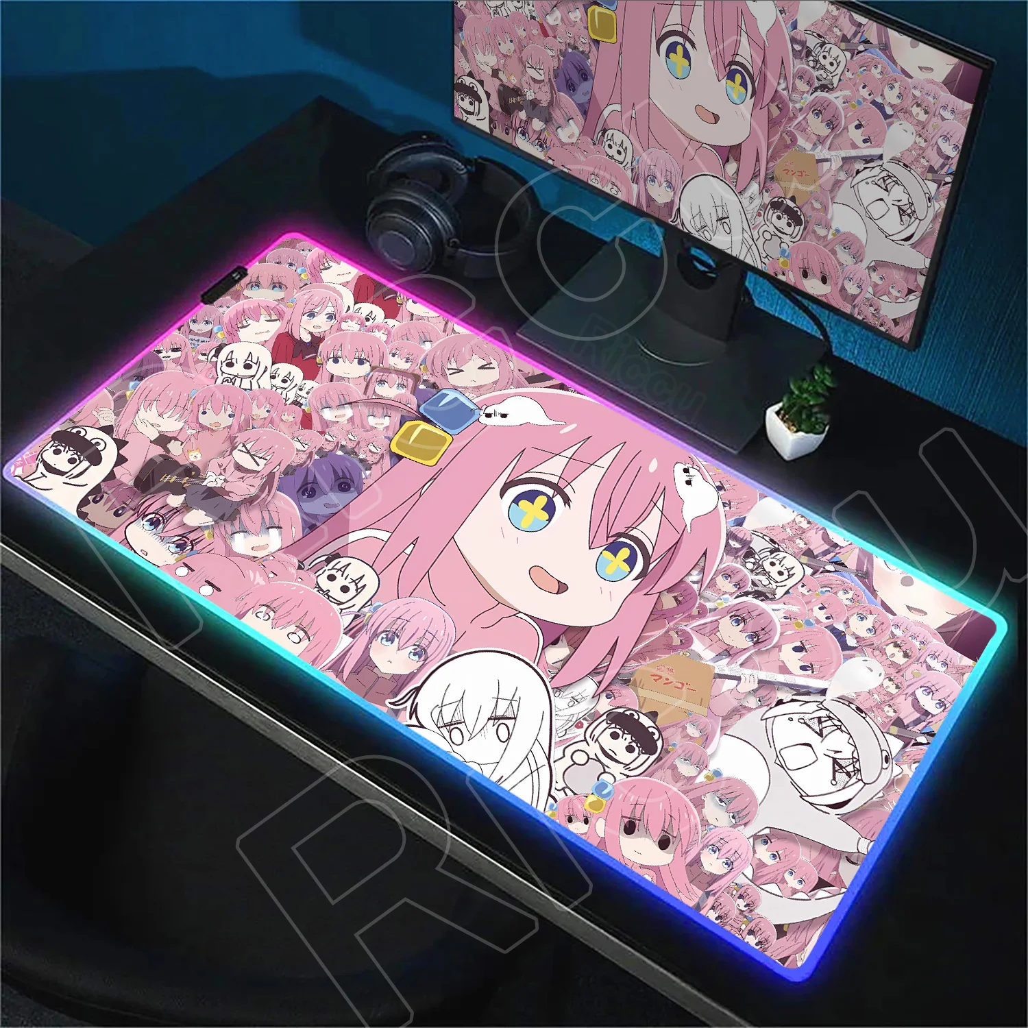 

Коврик для мыши RGB Bocchi The Rock, красочный светящийся игровой коврик для мыши, милый коврик для мыши в стиле аниме для девочек Gotoh Hitori, геймерский коврик для клавиатуры со светодиодной подсветкой
