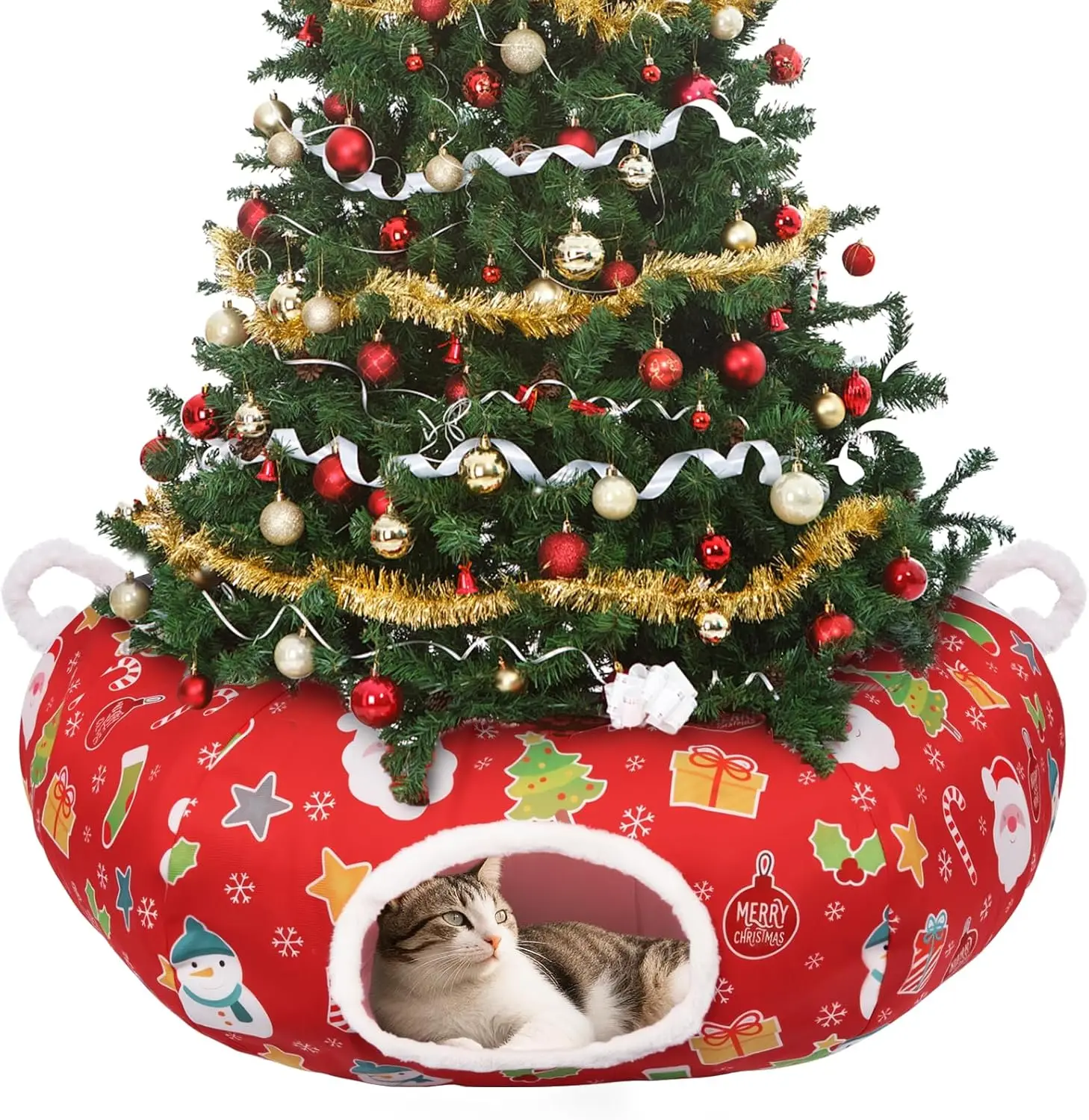 

Юбка для рождественской елки в туннеле для кошек с моющимся ковриком и подвесными шариками, кровать-труба для домашних животных, котят, щенков, кроликов