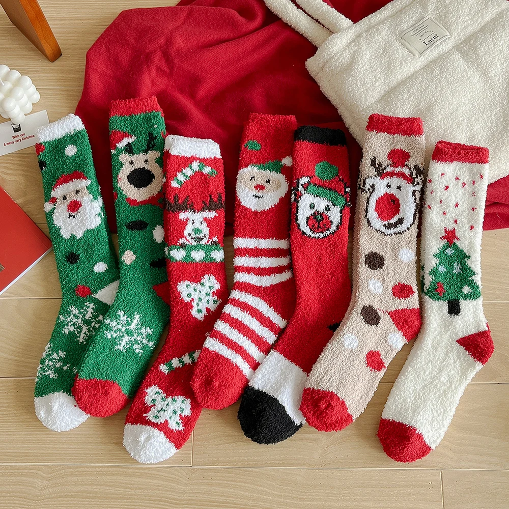 7 Pair Women Autumn Winter Elk Elderly Warm Half Fleece Adult Christmas Socks Women Towels Coral Fleece Middle Socks