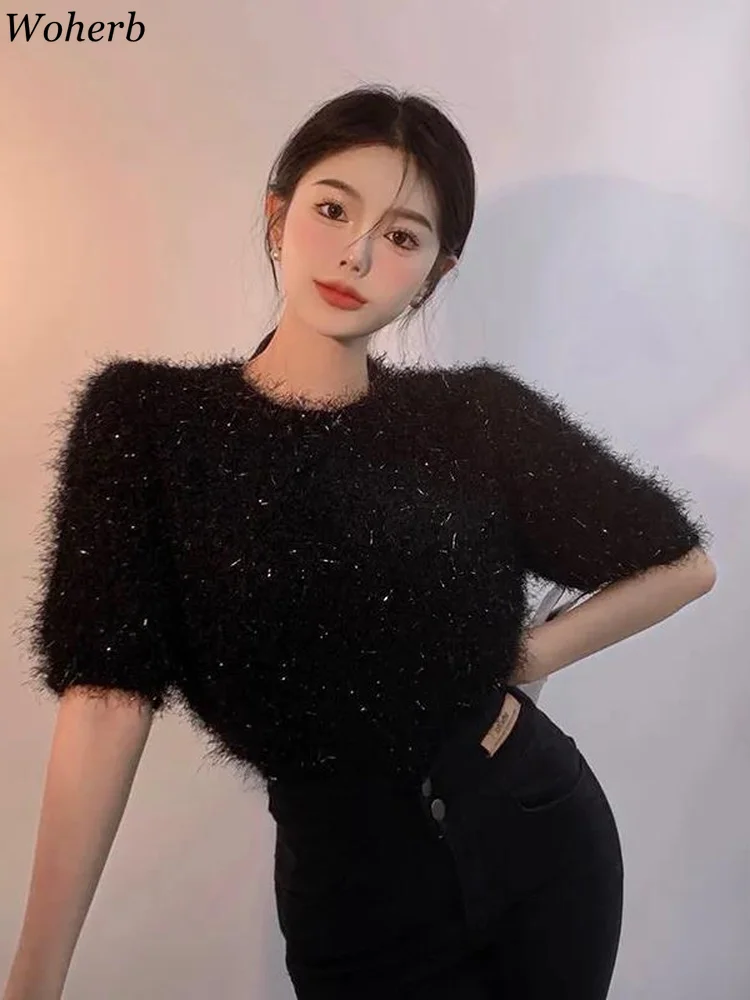 Woherb Summer Thin Knitted Short Sleeve Basic Sweater Women 202  Korean Fashion Caaual Tassel Knitwear Chic Sueter Mujer