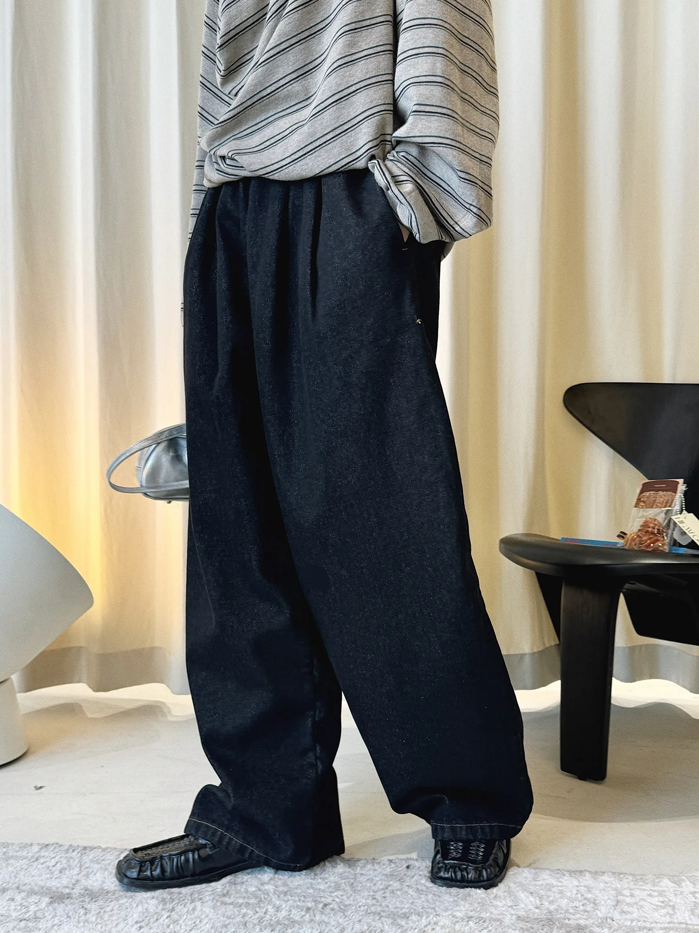 

Spring new Korean retro elastic waistband pleated fleece wide leg jeans with loose silhouette pants for women