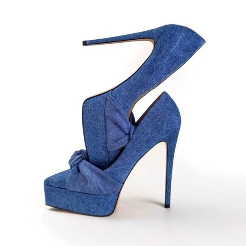 

Newest Blue Denim Bowtie Knot High Platform Pumps Slip On Pointed Toe Jeans Shoes Thin Heels Banquet Dress Shoes