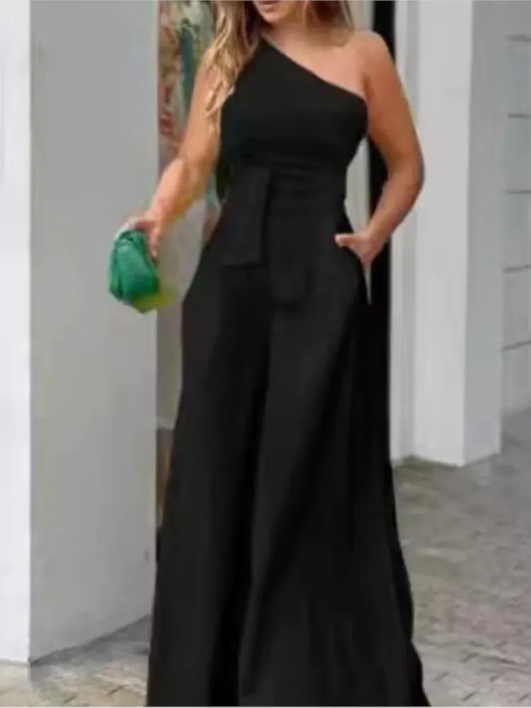 Elegancki kombinezon z szerokimi nogawkami dla kobiet na jedno ramię bez rękawów zestaw kieszeni moda biurowa Casual odzież damska kombinezony lato