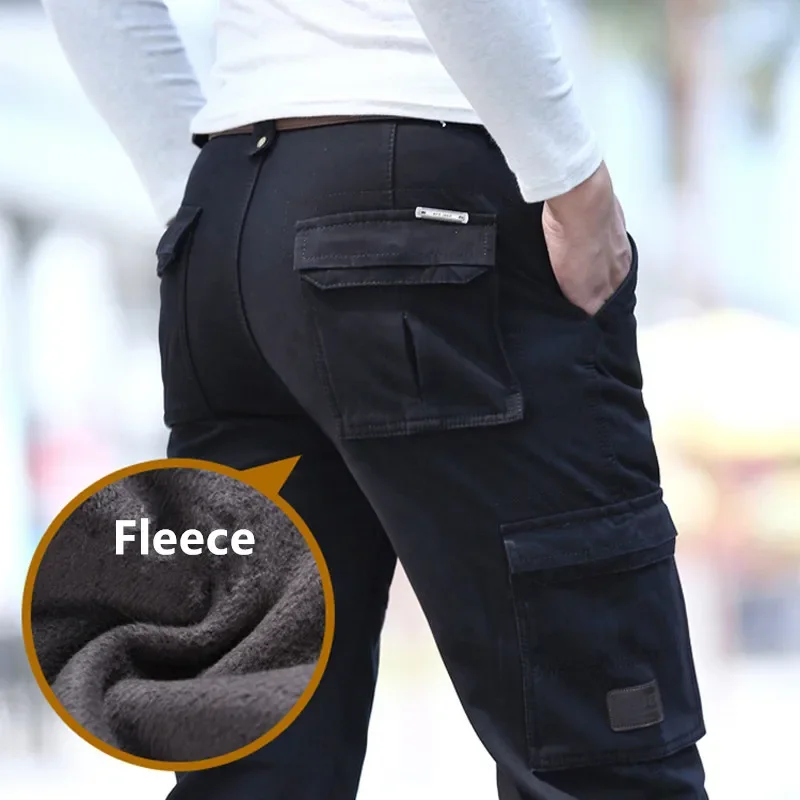 6 Pockets Fleece Warm Cargo Pants Men Clothing Thermal Work Casual Winter Pants For Men Green Black Khaki Trousers Male