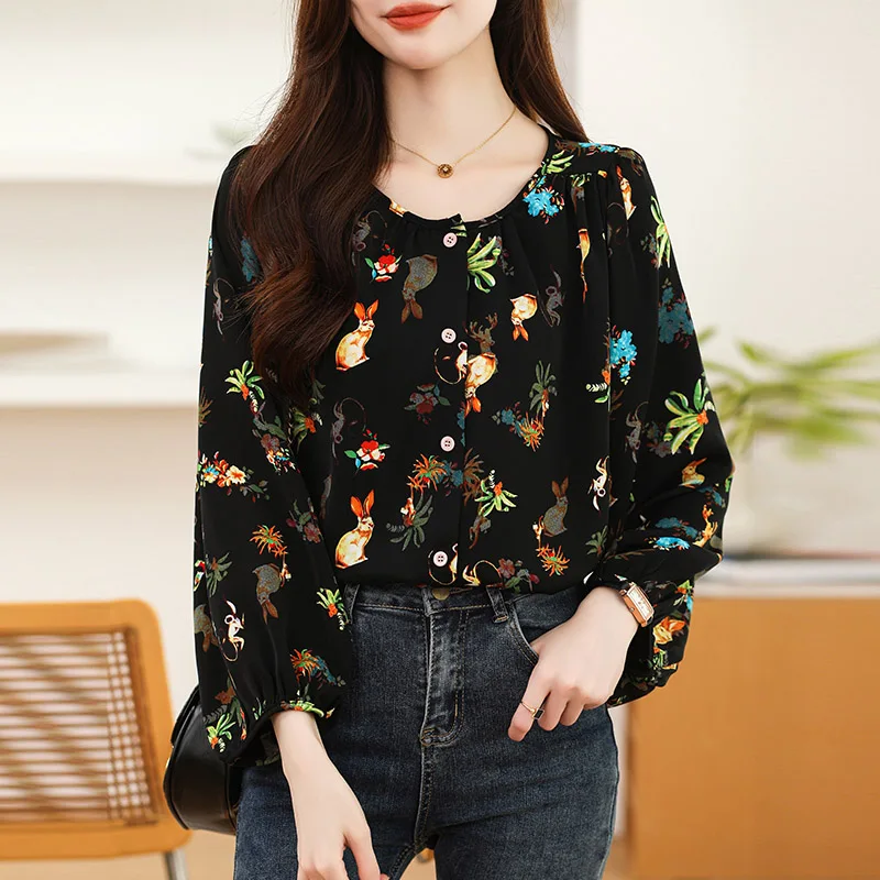 Spring Summer Elegant Chic Lantern Sleeve Chiffon Shirt Women Fashion All-match O-neck Print Blouse Office Lady Casual Loose Top