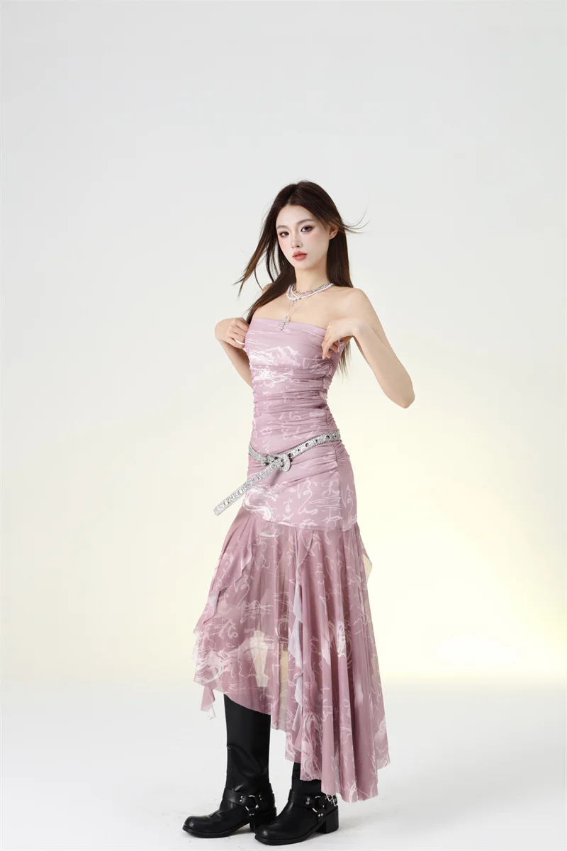French Fashion Elegant Rose Pink Dragon Pattern Folded Dress Irregular Y2K Strap Skirt for Women 2026 New Style