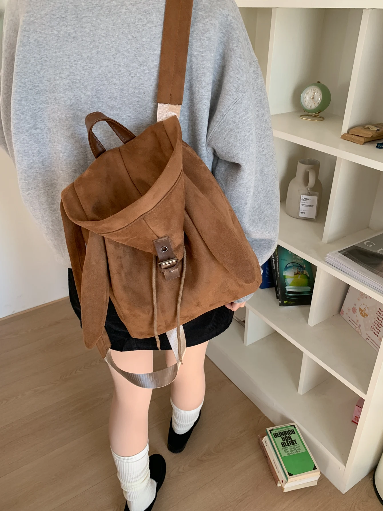 Cute Rabbit Plu Bapa Women's Faionable Versatile Student Bookbag Sweet Cool Sle Dstring Closure Leather Straps