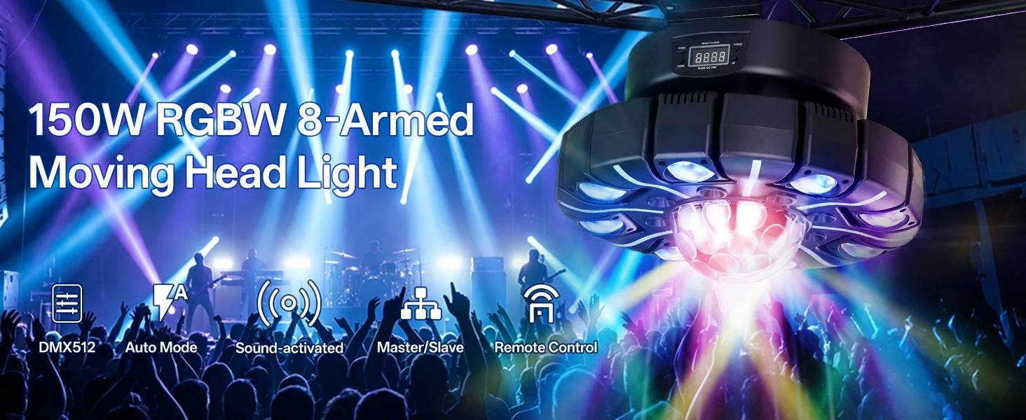 U'King 150W RGBW 8-Armed Moving Head Light Auto Speed Magic Ball Stage Light DMX512 DJ Light For Wedding Party KTV Home Theater