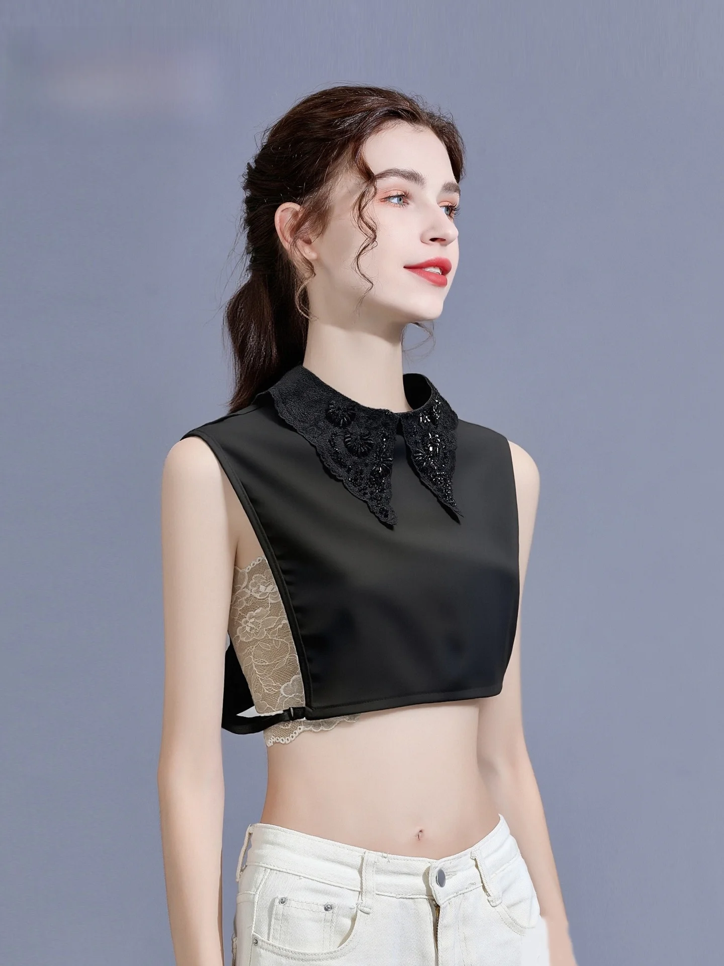 ビーズ付きシャツカラー-フェイクカラー-レディース-シフォン装飾襟-インナーマッチセーター-多機能-多用途-トレンディなフェイクカラー