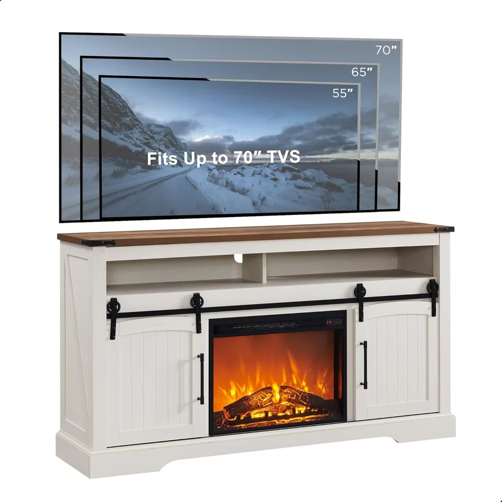 Farmhouse Fireplace TV Stand ，Tall Highboy Entertainment Center w/Electric Fireplace, Rustic Media Console