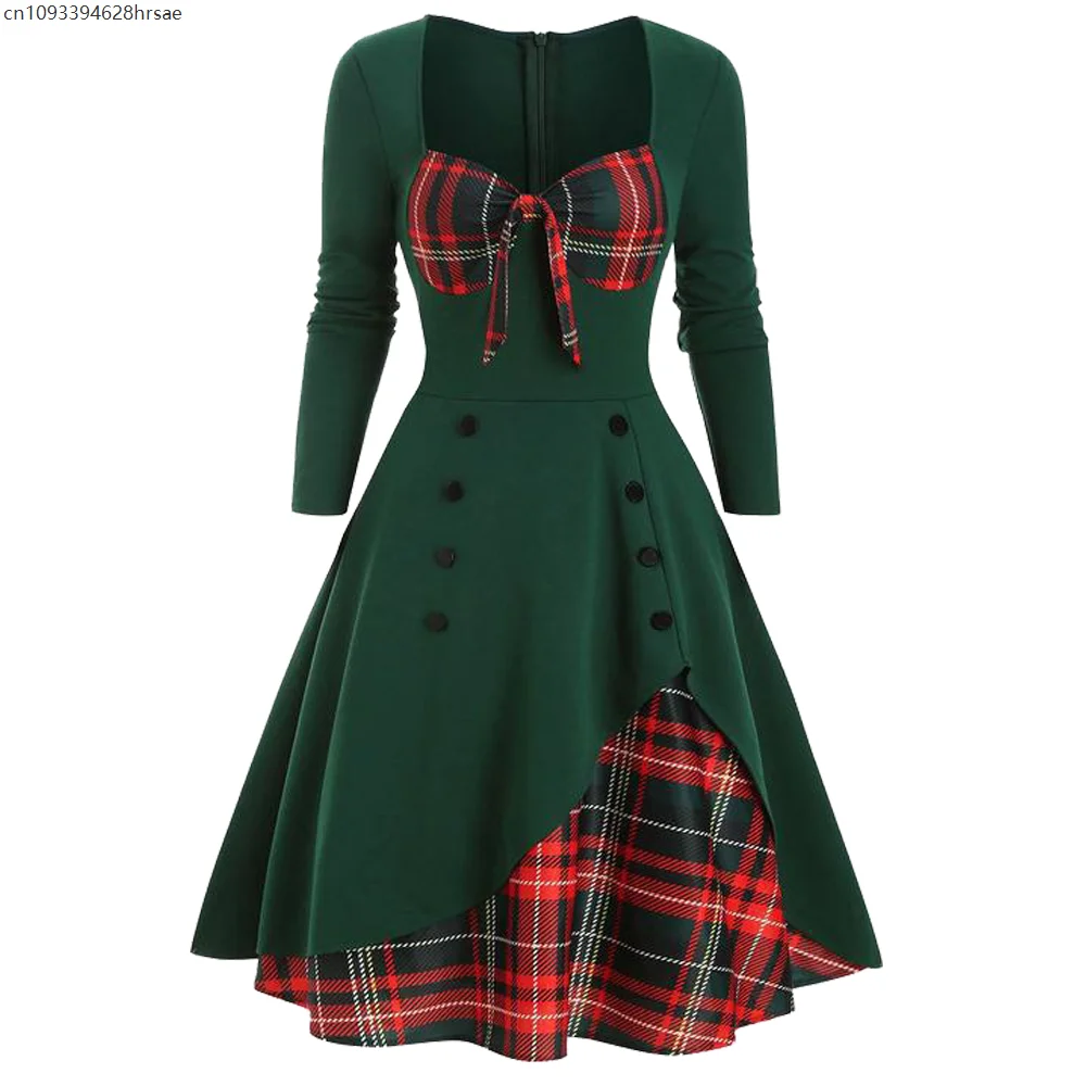 

Christmas Women's Plaid Midi Dress Long Sleeve Patchwork Sweetheart Neckline A-Line Dress Big Swing Holiday Dress for Xmas